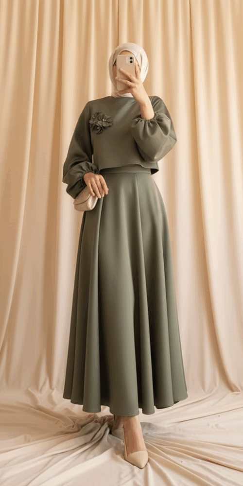 DARK OLIVE SET BUFFY HANDS CROP TOP FLOWERS ON THE CHEST LONG SKIRT HIJAB - Image 3