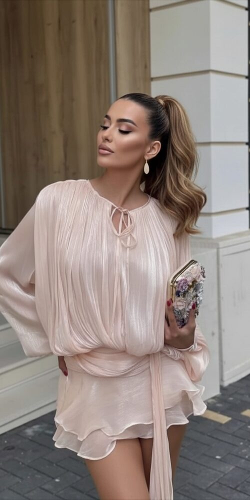 LIGHT BABY PINK FULLSLEEVE SHIRT FROM TOP SHINNY SHORT DRESS - Image 3