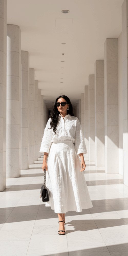 WHITE FULL SLEEVE BLOUSE AND LONG SKIRT HAIRY SET - Image 3
