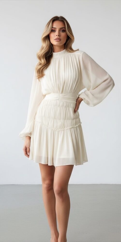 WHITE FULL SLEEVE TITE WITH KASRAT 3L BATN short dress - Image 2