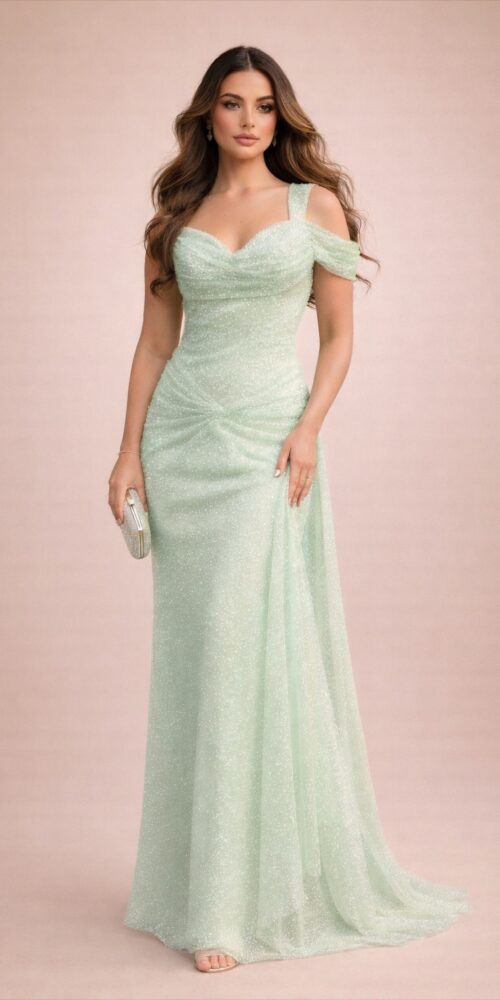 MINT GREEN LIGHT BLING BLING WEDDING GUEST DRESS