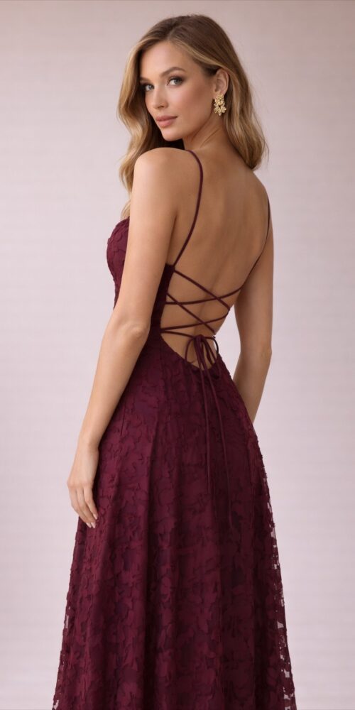 Burgandy Flower Lace Long Open Back Dress - Image 2