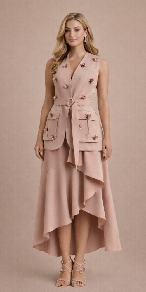 DUSTY PINK SET LONG SKIRT FLOWERS ON THE VEST - Image 3