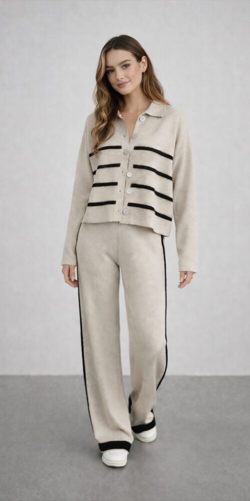 Autumn Beige With Black Straps And Open Top Jacket