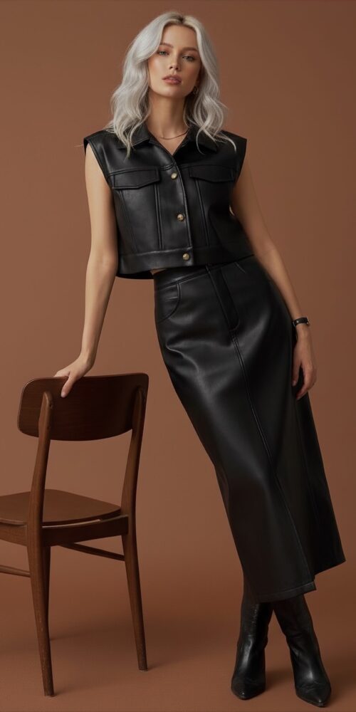 BLACK LEATHER LONG SKIRT CUT AND ITS VEST WITH GOLDEN BUTTONS - Image 2
