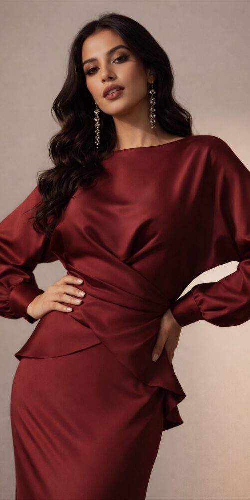 BURGUNDY TWIST TOP FULL SLEEVE LONG SKIRT SATIN - Image 3